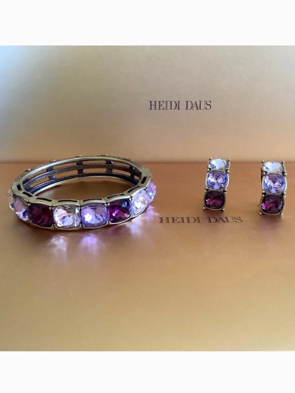 Heidi Daus Tried And True Crystal Bangle Bracelet and Matching Earrings Amethyst